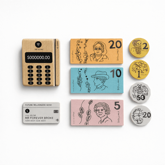 WOODEN TOY -  LOOSE CHANGE AUSTRALIAN MONEY & POINT OF SALE MACHINE
