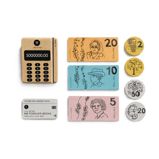 WOODEN TOY -  LOOSE CHANGE AUSTRALIAN MONEY & POINT OF SALE MACHINE