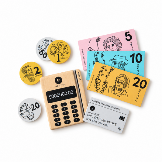 WOODEN TOY -  LOOSE CHANGE AUSTRALIAN MONEY & POINT OF SALE MACHINE